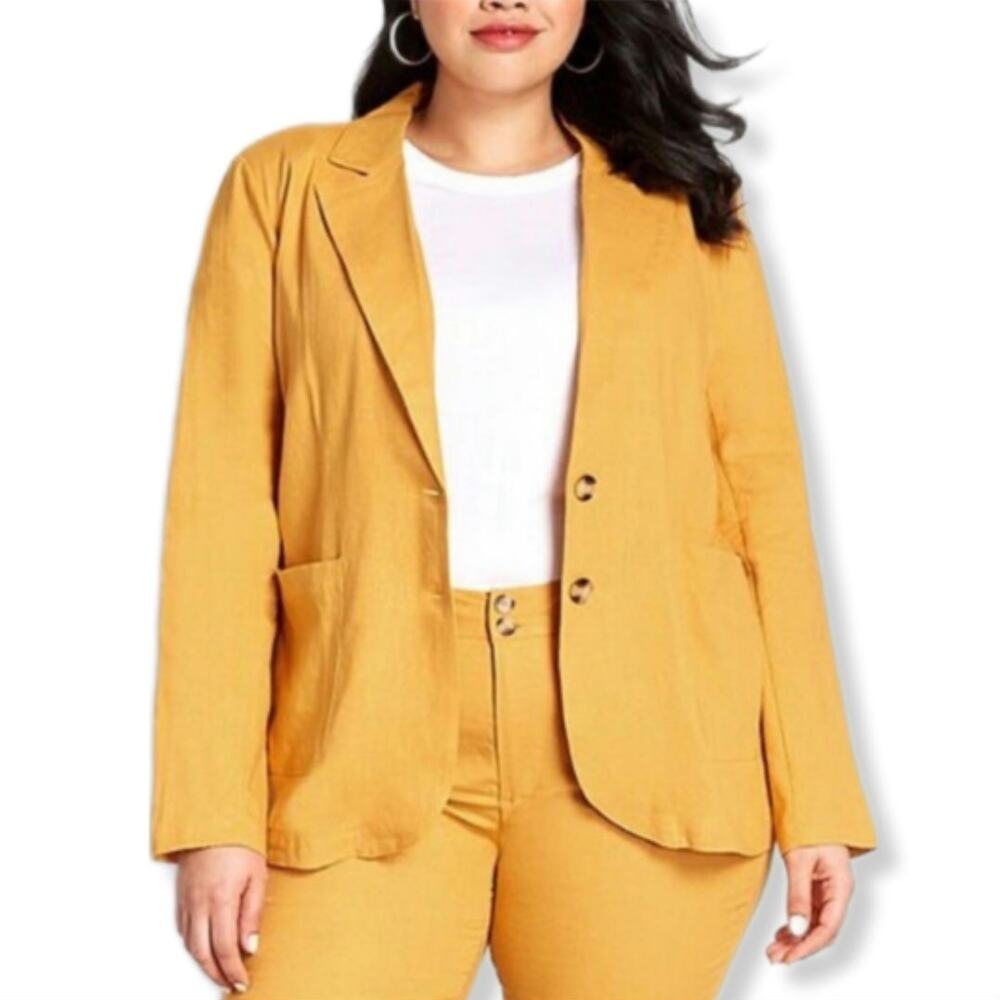 Women ModCloth Classic Yellow Linen Blazer 1X Career Modern Workwear Casual NEW